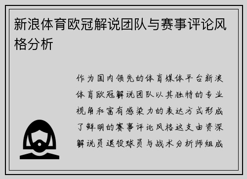 新浪体育欧冠解说团队与赛事评论风格分析